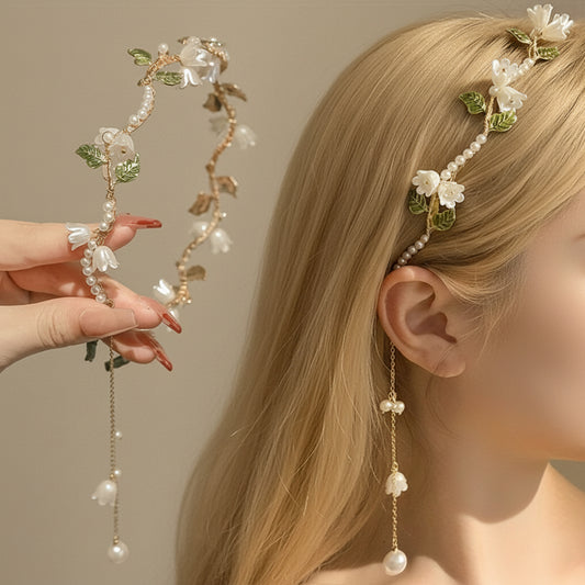 1pc Girl's New Vintage White Lily Flower Faux Pearl Tassel Temperament Elegant Women's Hair Hoop Hair Accessories, Ideal choice for Gifts