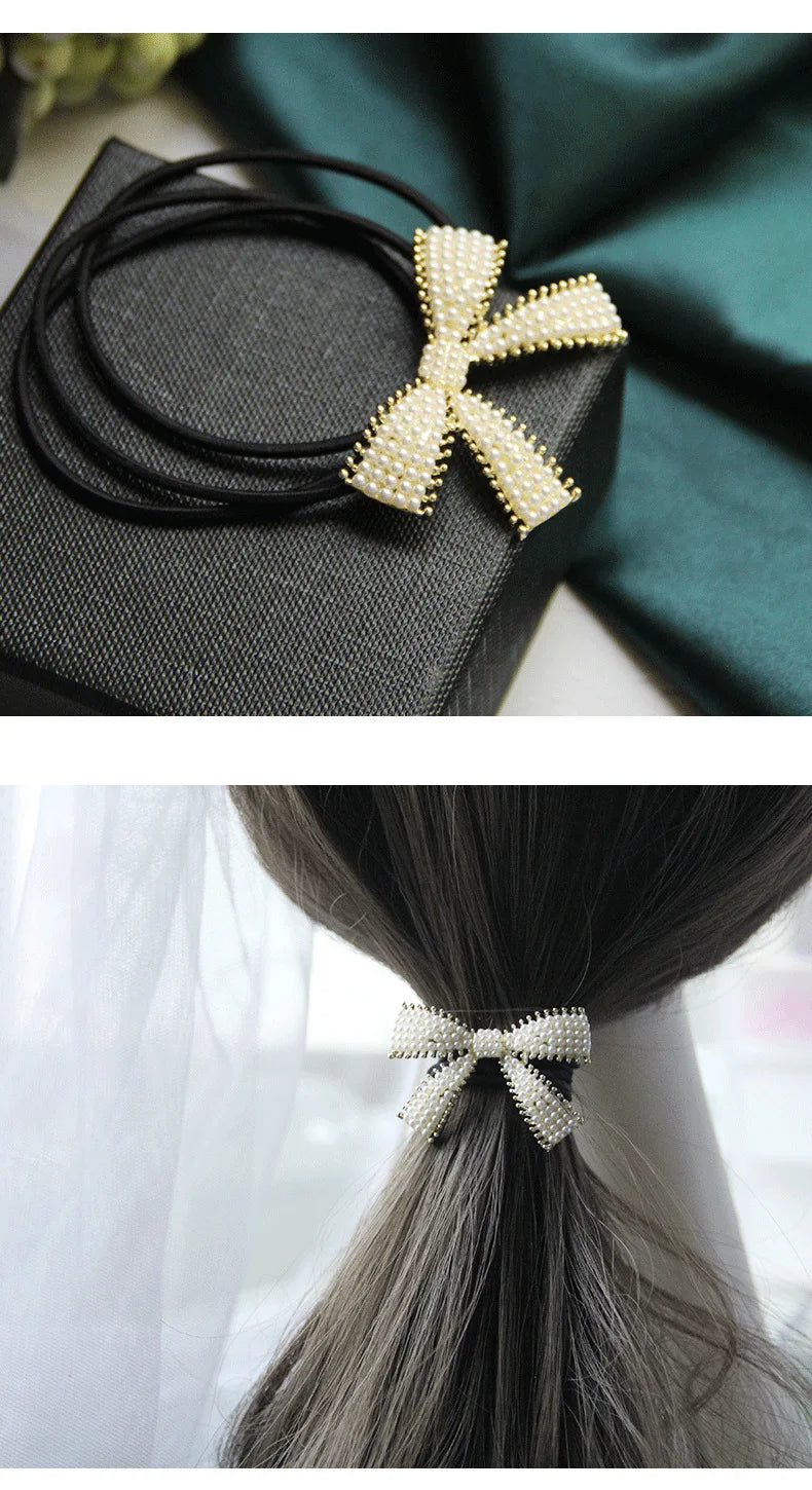 Decorative elastic hair bands for women featuring rhinestones, bows, pearls and alloy charms, styled for ponytails and daily fashion use