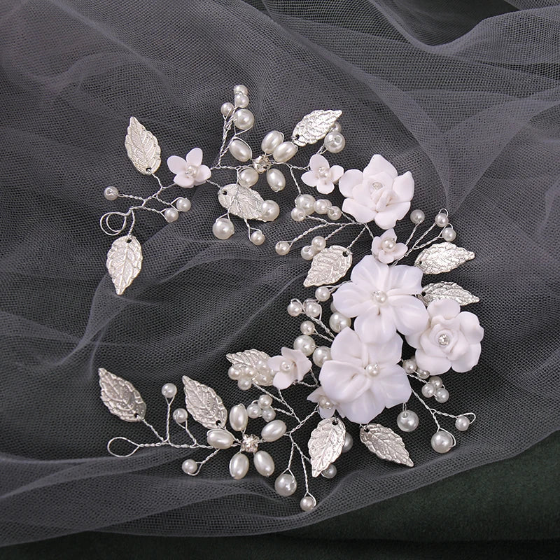 Handmade Crystal Pearl Bridal Hair Vine – Silver Floral Wedding Headpiece