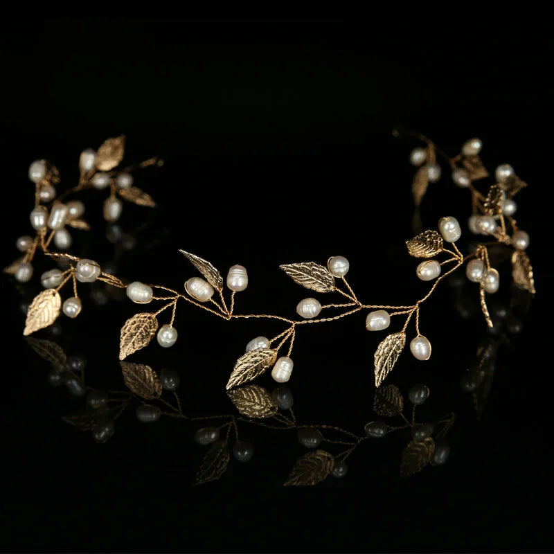 Gold & Silver Leaf Bridal Hairpiece – Faux Pearl Wedding Headband