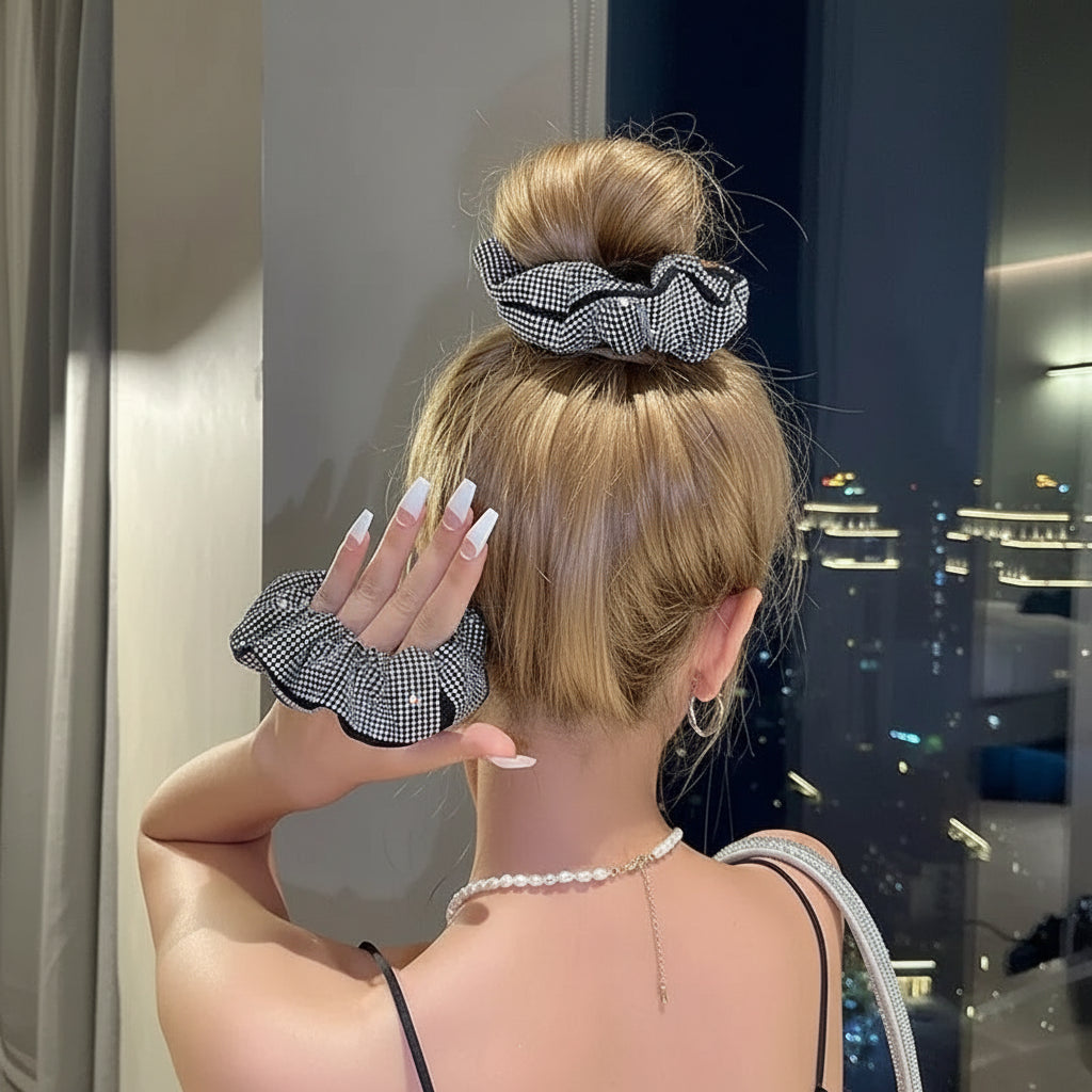 Fashion Rhinestone  Women Silk Scrunchie Elastic Handmade Hair Black Band Ponytail Holder Headband Hair Accessories