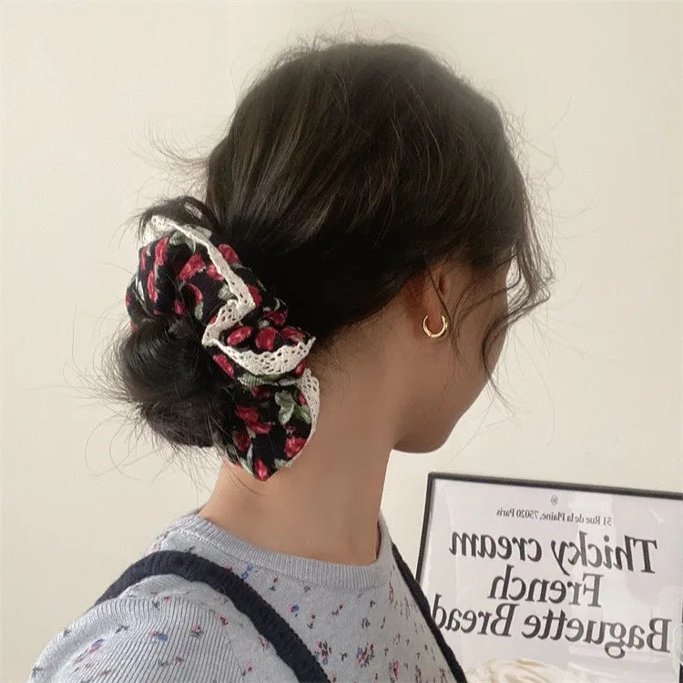 Vintage Corduroy Hair Scrunchie with Lace Edging