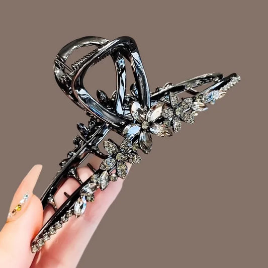 Super Fairy Crystal Flower Hair Accessories Large Size Black Metal Hair Claw High-end Back of Head Hair Clip Women's Headwear
