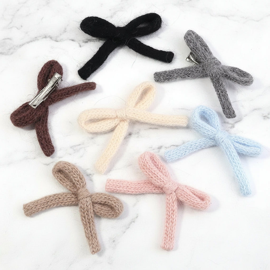 Knitted wool double-layer bow set in assorted colors, 6pcs DIY craft and hair accessory material.