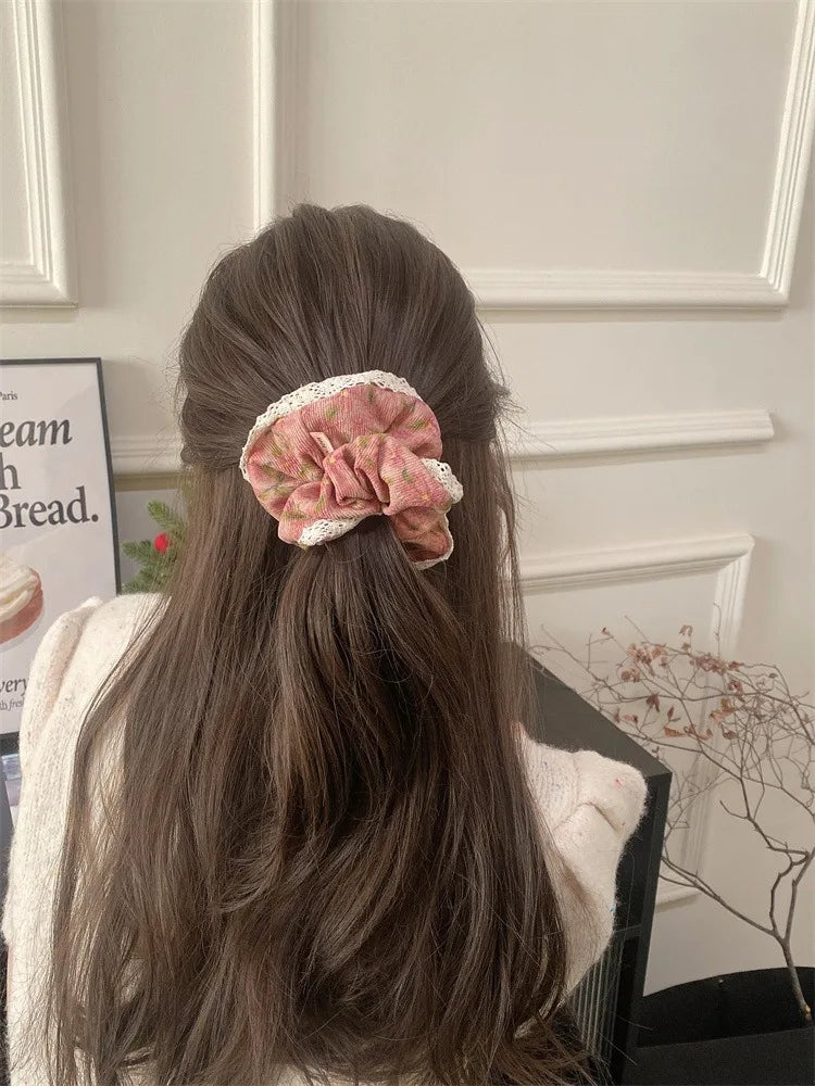 Vintage Corduroy Hair Scrunchie with Lace Edging