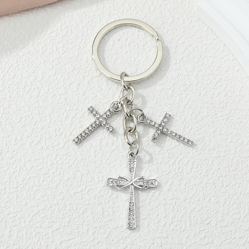 Silver Cross Charm Keychain – Multi-Cross Zinc Alloy Christian Keyring Gift