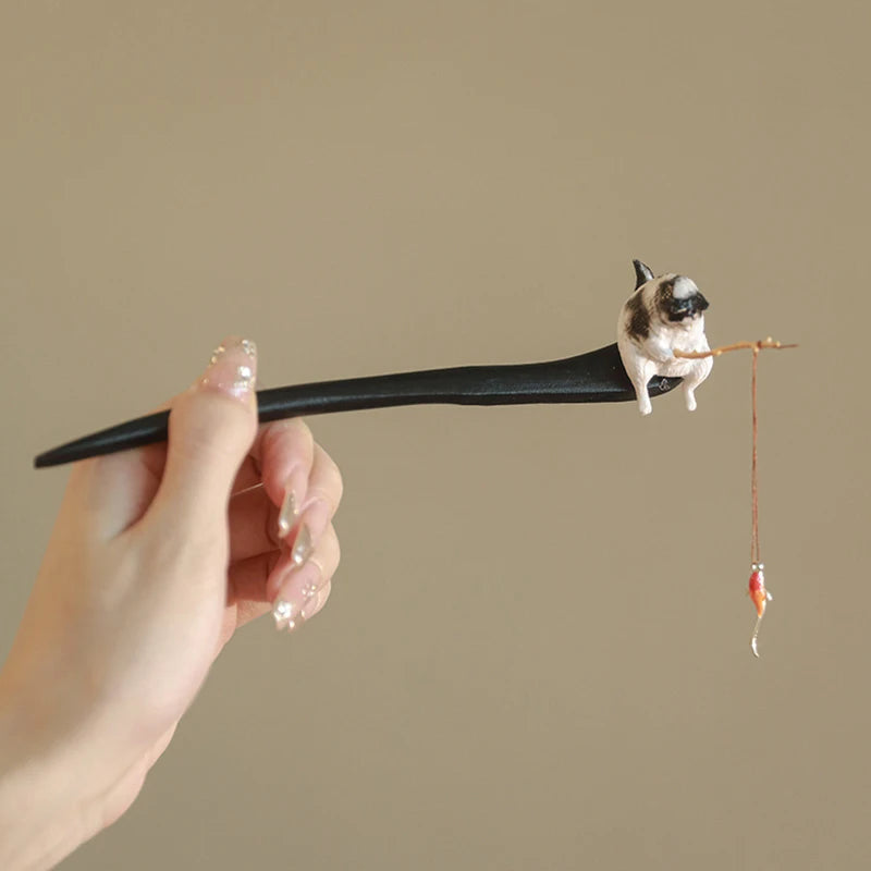 Retro Wooden Hair Stick Hairpin for Women Cute Cat Tassel Hair Clip Chopstick Bun Maker Hanfu Headdress Jewelry Hair Accessories