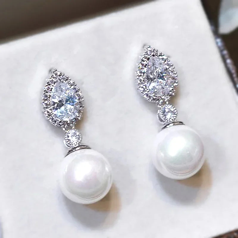 Elegant Zircon Crystal & Simulated Pearl Earrings – Luxury Statement Studs for Women