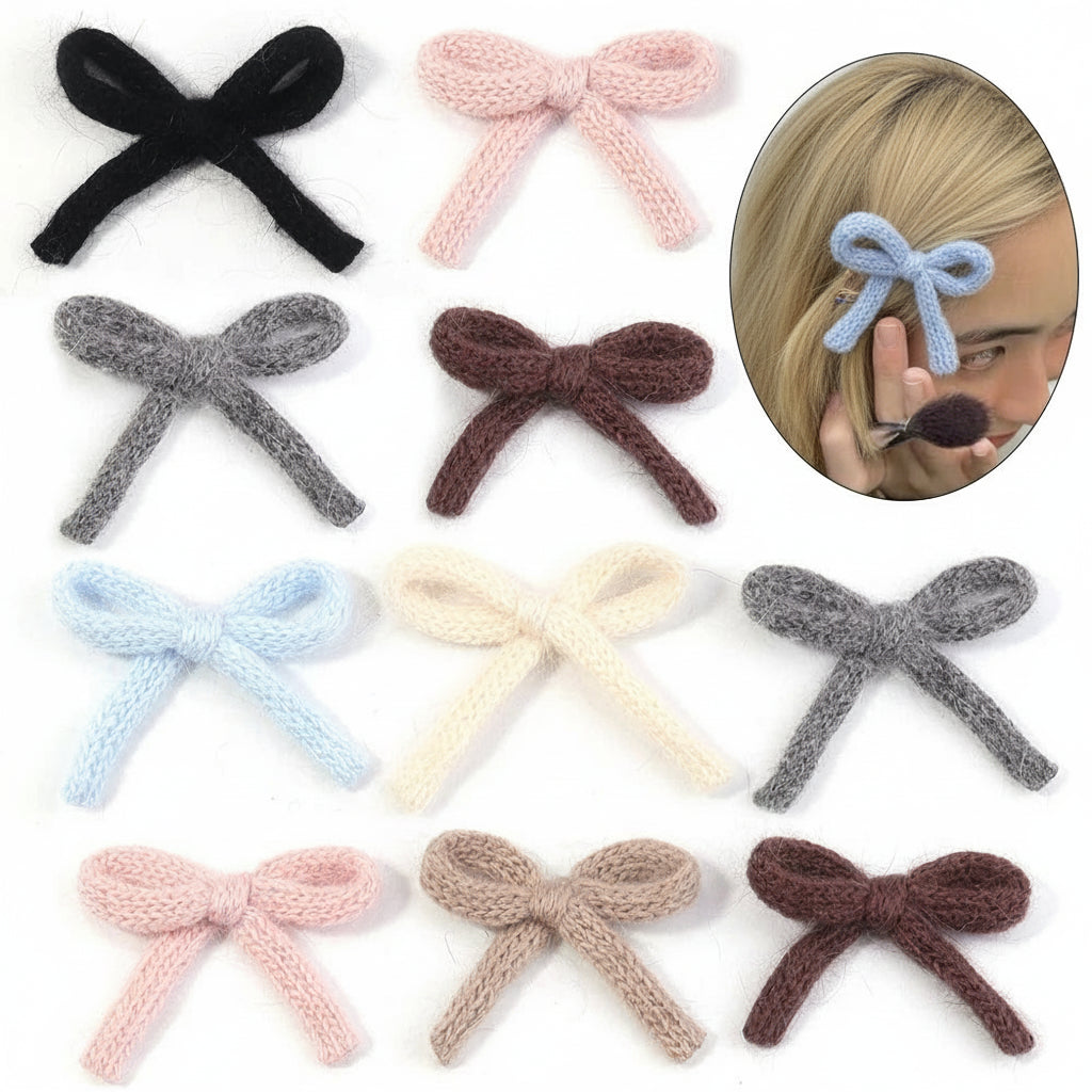 Knitted wool double-layer bow set in assorted colors, 6pcs DIY craft and hair accessory material.