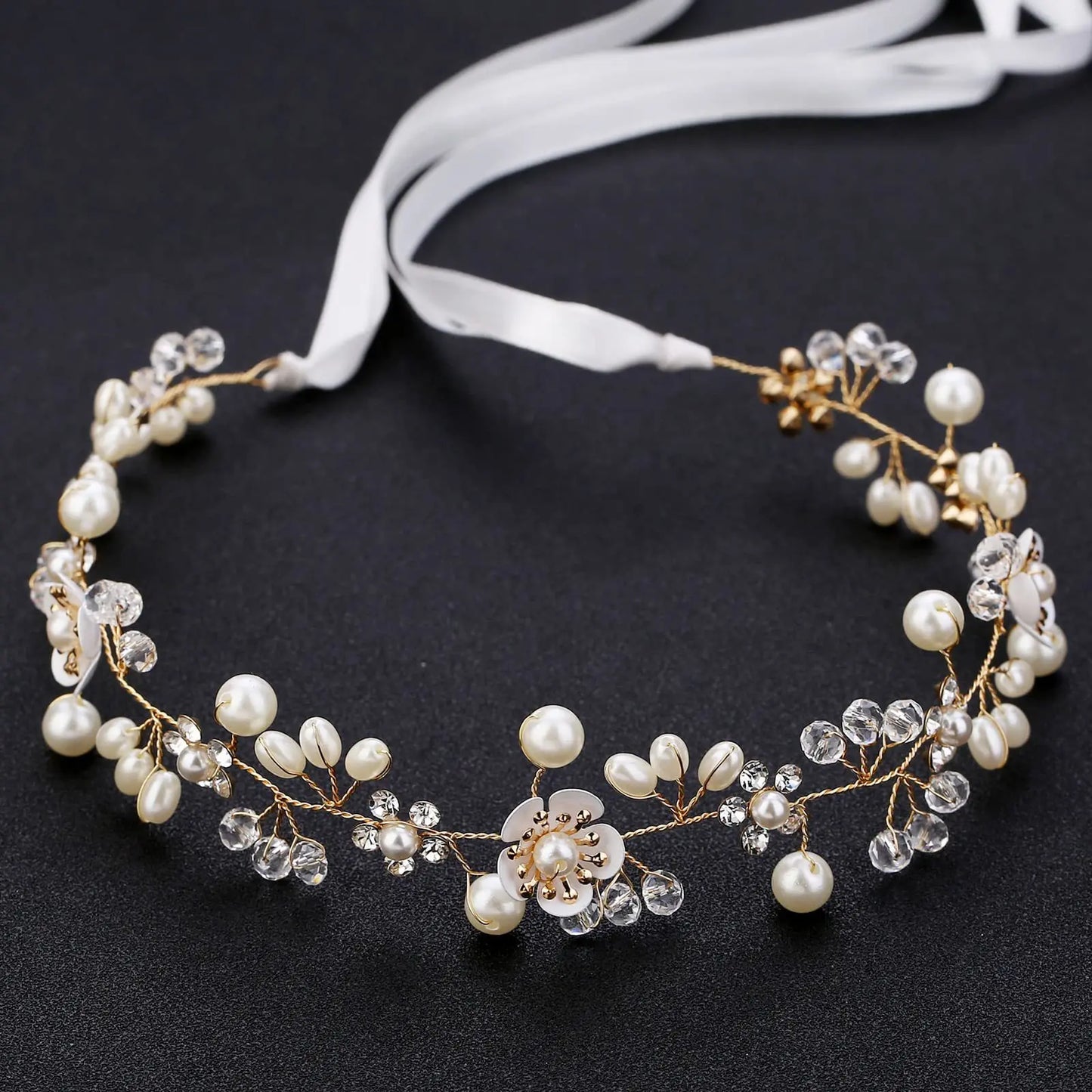Gold & Silver Leaf Bridal Hairpiece – Faux Pearl Wedding Headband