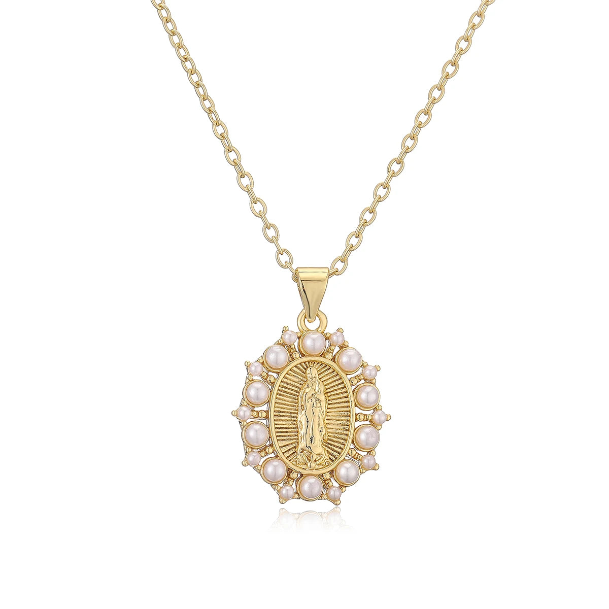 2025 New Arrival Classic Design Virgin Mary Pendant Necklaces For Women Gold Color Pearl Jewelry