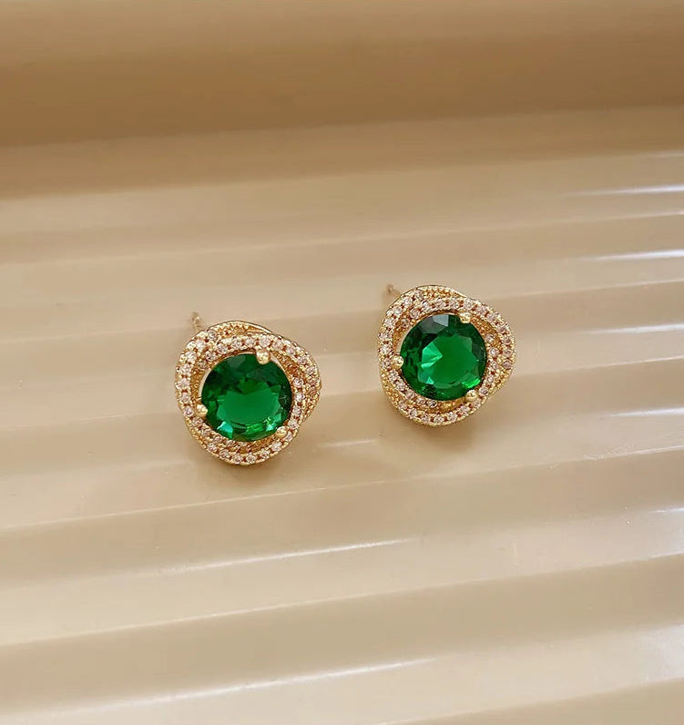 Classic Emerald Green Crystal Stud Earrings – Vintage Halo Round Design