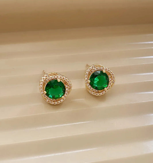 Classic Emerald Green Crystal Stud Earrings – Vintage Halo Round Design