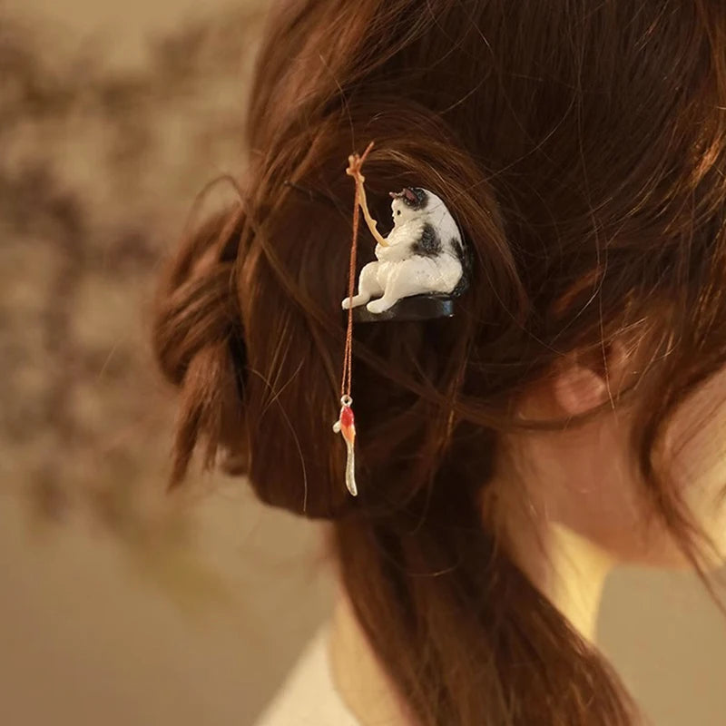 Retro Wooden Hair Stick Hairpin for Women Cute Cat Tassel Hair Clip Chopstick Bun Maker Hanfu Headdress Jewelry Hair Accessories