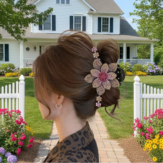 Woman wearing large crystal flower hair claw clip
