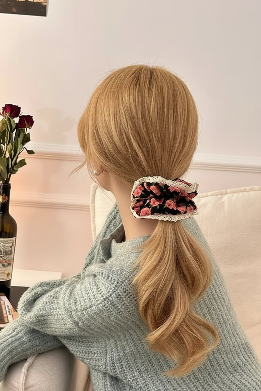 Vintage Corduroy Hair Scrunchie with Lace Edging