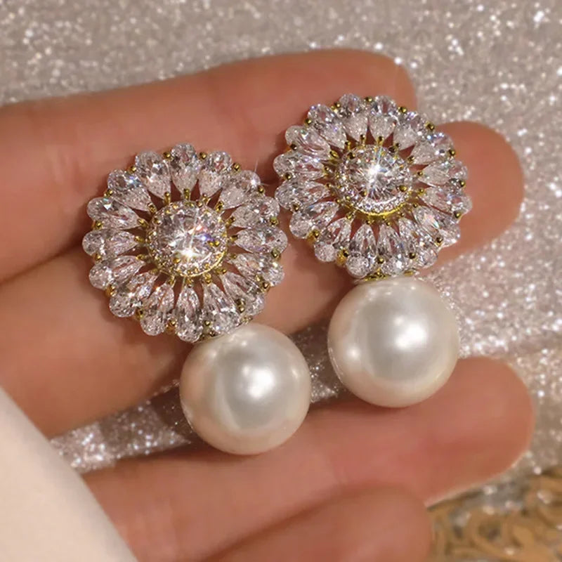 Elegant Zircon Crystal & Simulated Pearl Earrings – Luxury Statement Studs for Women