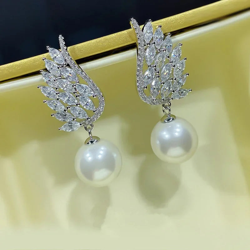 Elegant Zircon Crystal & Simulated Pearl Earrings – Luxury Statement Studs for Women