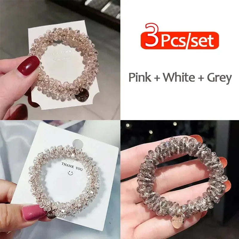 3pcs/set Crystal Pearl Beads Elastic Bands Scrunchies Hair Accessories Women Ponytail Holder Headwear