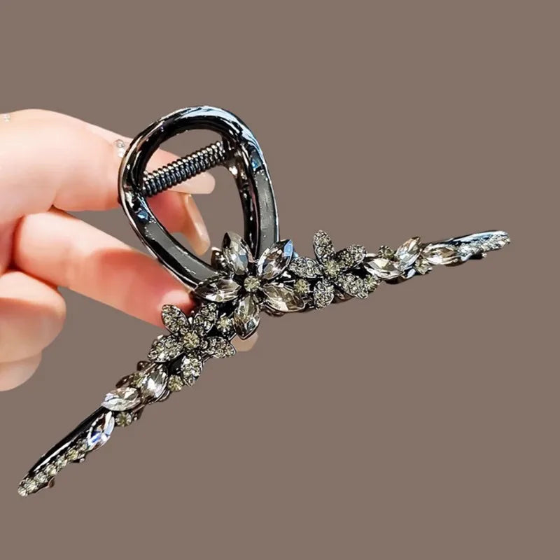 Super Fairy Crystal Flower Hair Accessories Large Size Black Metal Hair Claw High-end Back of Head Hair Clip Women's Headwear
