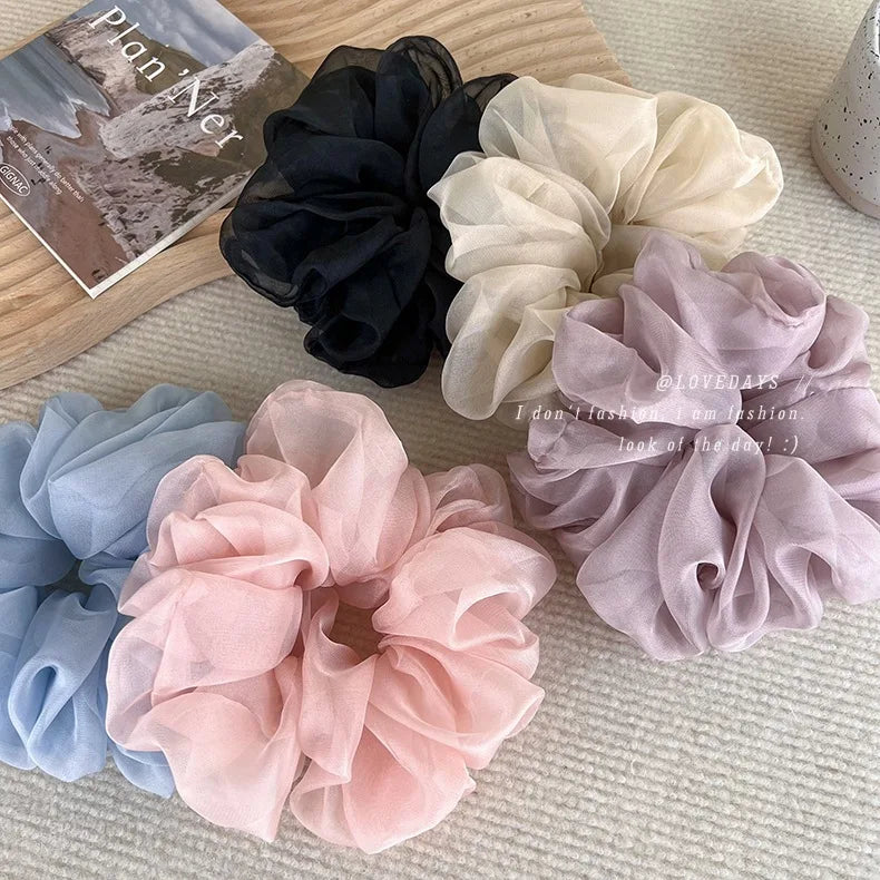 Elegant Chiffon Scrunchie for Women - Soft Organza Hair Tie Korean Style Aesthetic Hair Accessories Large Ruffled Hair Loop
