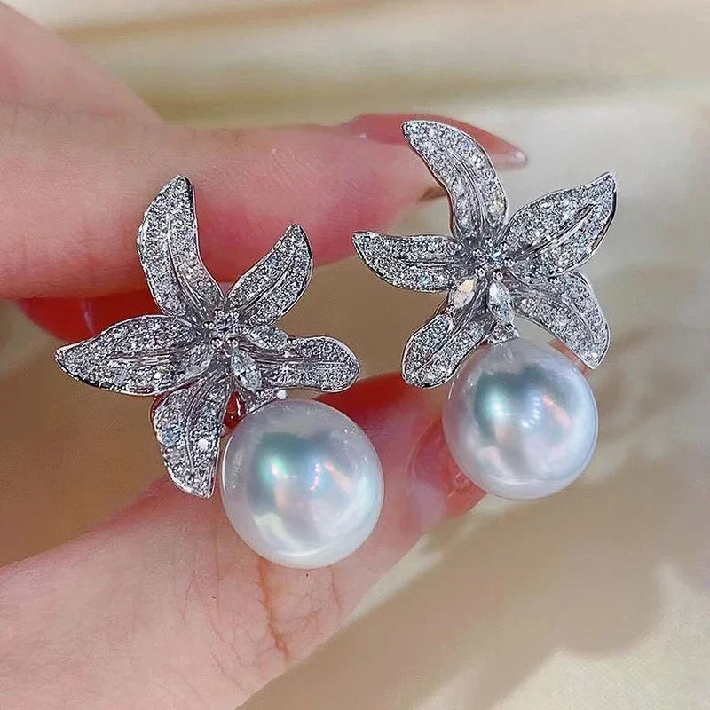 Elegant Zircon Crystal & Simulated Pearl Earrings – Luxury Statement Studs for Women