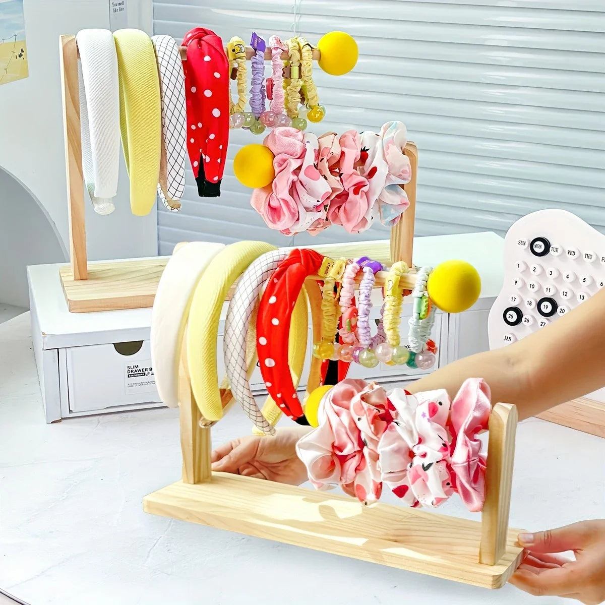 double-layer Scrunchie Holder, Wood Hair Tie Holder Organizer,Bracelet Holder,Hair Tie Storage,Female Headband Display Stand ﻿