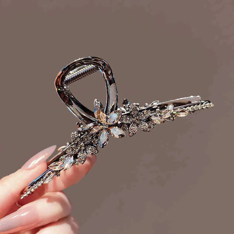 Super Fairy Crystal Flower Hair Accessories Large Size Black Metal Hair Claw High-end Back of Head Hair Clip Women's Headwear