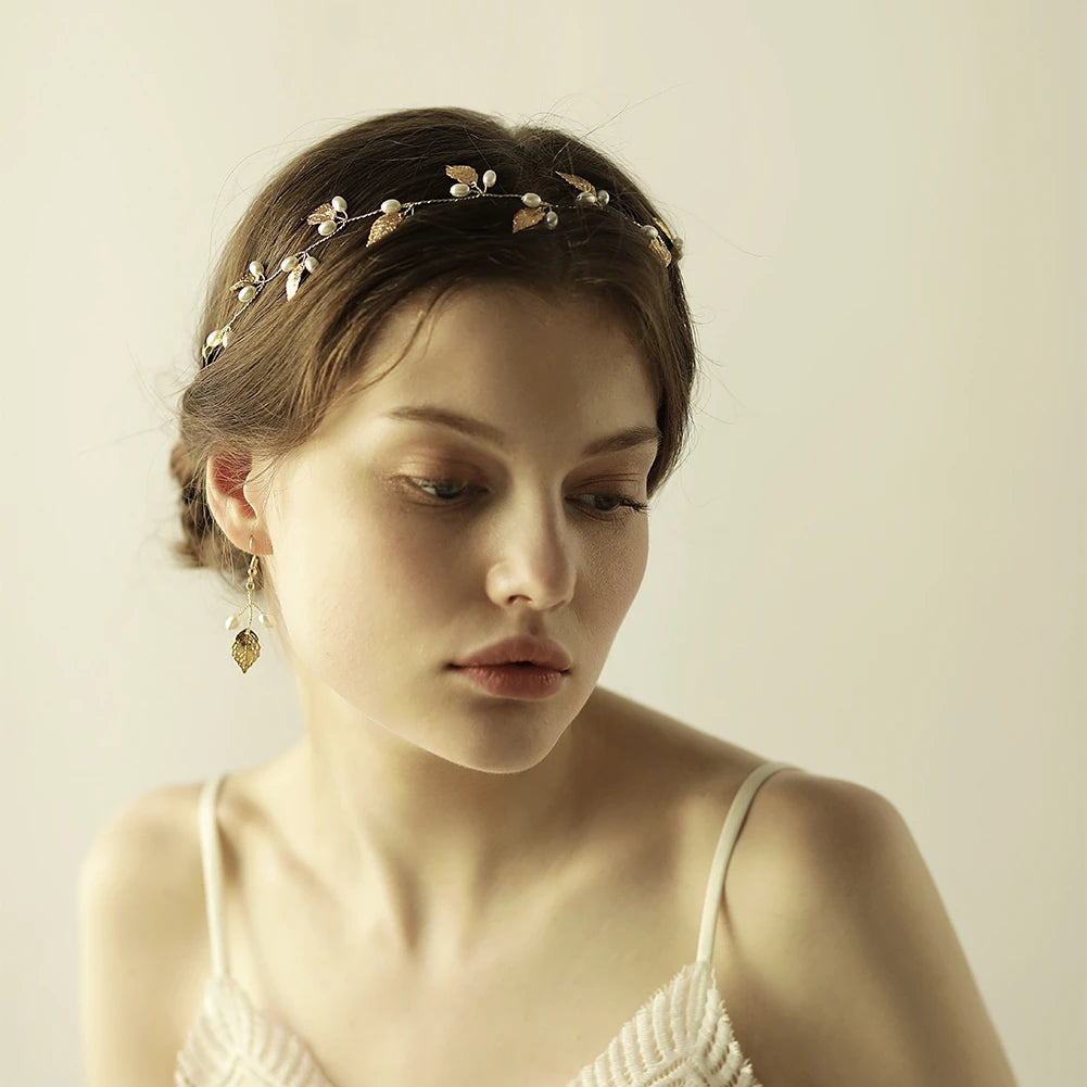 Gold & Silver Leaf Bridal Hairpiece – Faux Pearl Wedding Headband