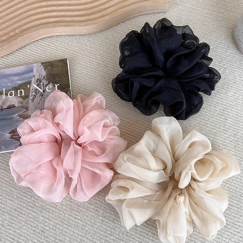 Elegant Chiffon Scrunchie for Women - Soft Organza Hair Tie Korean Style Aesthetic Hair Accessories Large Ruffled Hair Loop