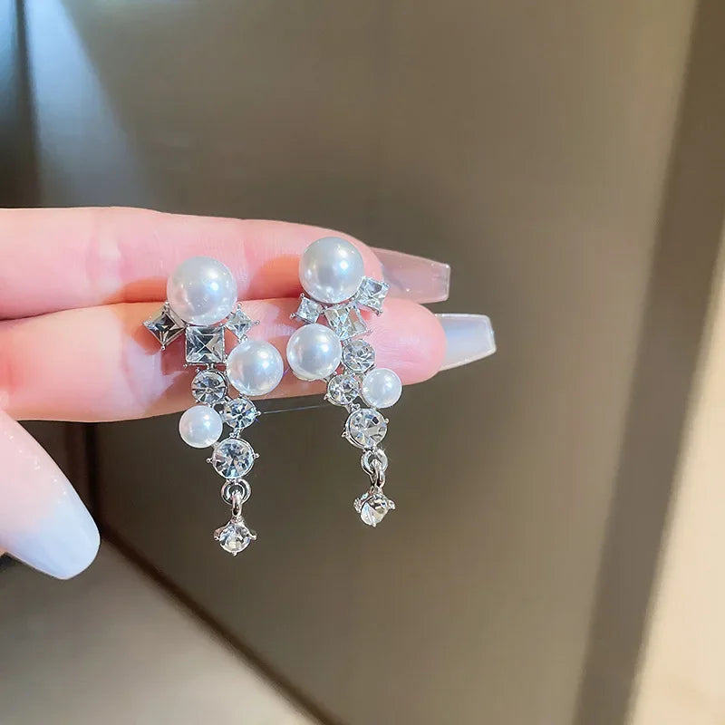 Elegant Zircon Crystal & Simulated Pearl Earrings – Luxury Statement Studs for Women