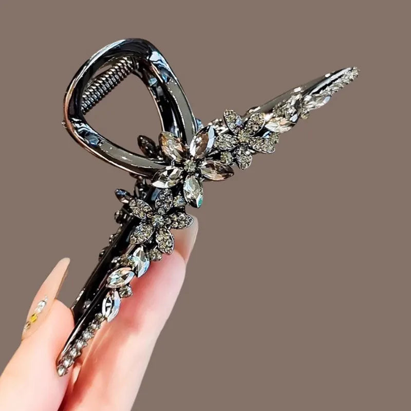 Super Fairy Crystal Flower Hair Accessories Large Size Black Metal Hair Claw High-end Back of Head Hair Clip Women's Headwear