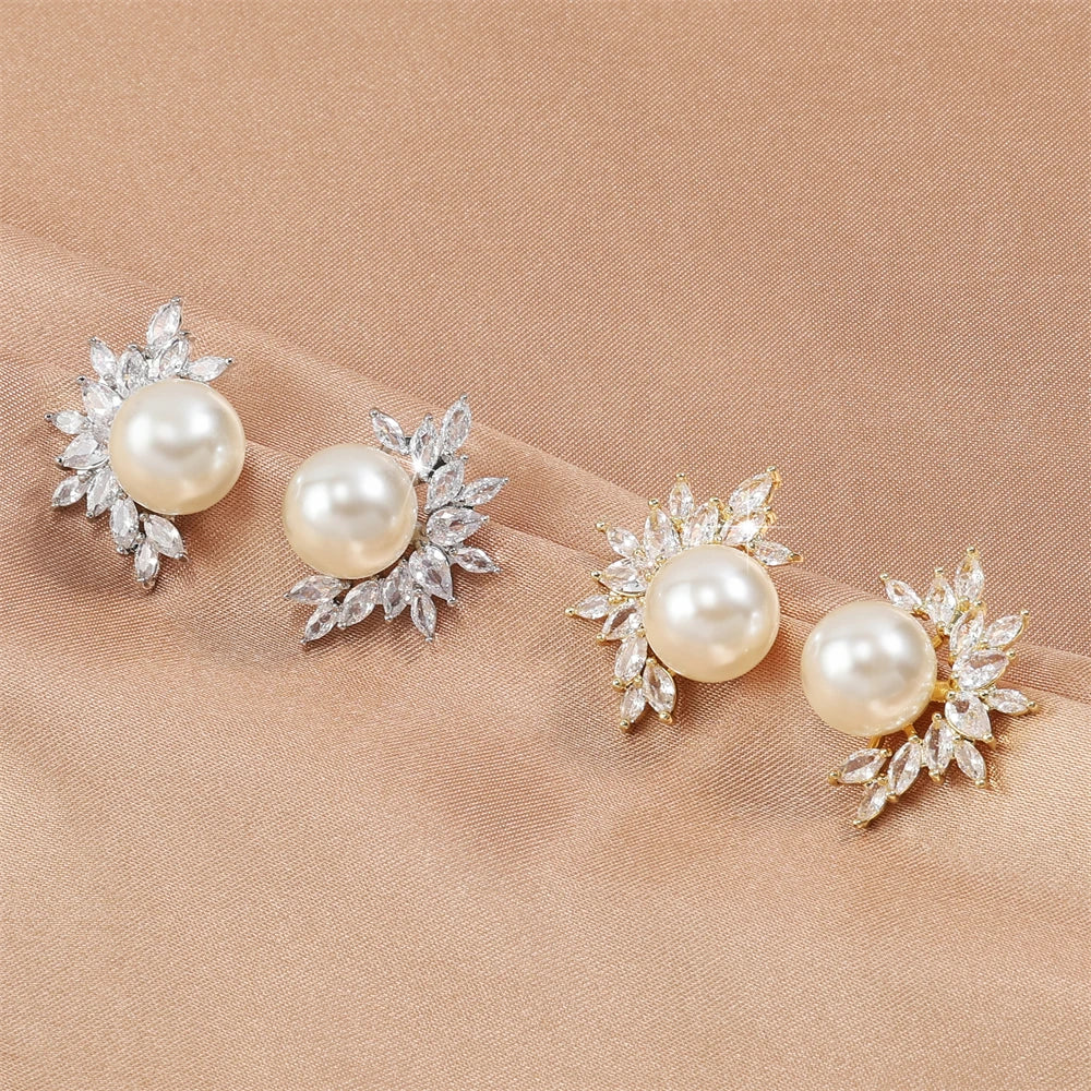 White Imitation Pearl Leaf Stud Earrings for Women Shiny Marquise Zircon Bridal Earring Wedding Jewelry