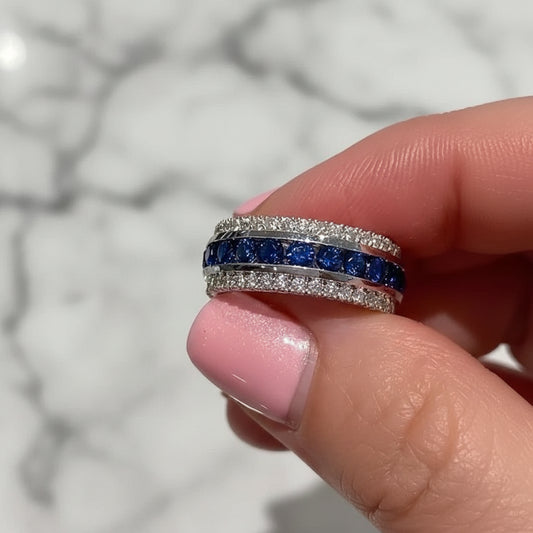 Women’s brass ring with channel-set cubic zirconia, geometric wedding band design.