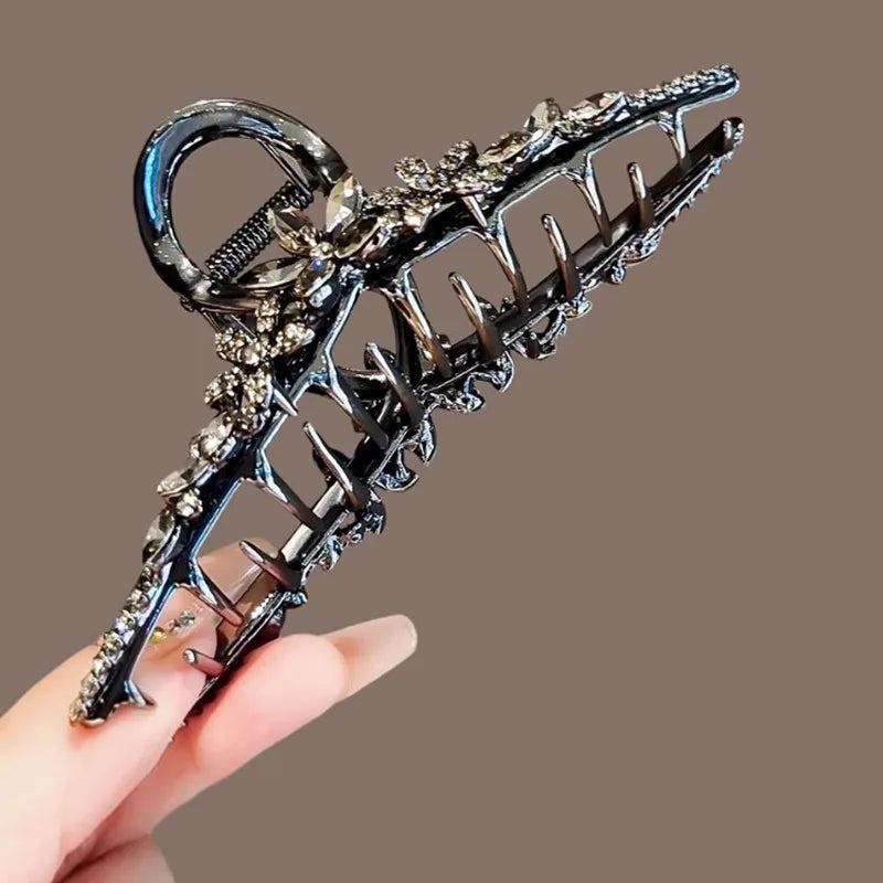 Super Fairy Crystal Flower Hair Accessories Large Size Black Metal Hair Claw High-end Back of Head Hair Clip Women's Headwear