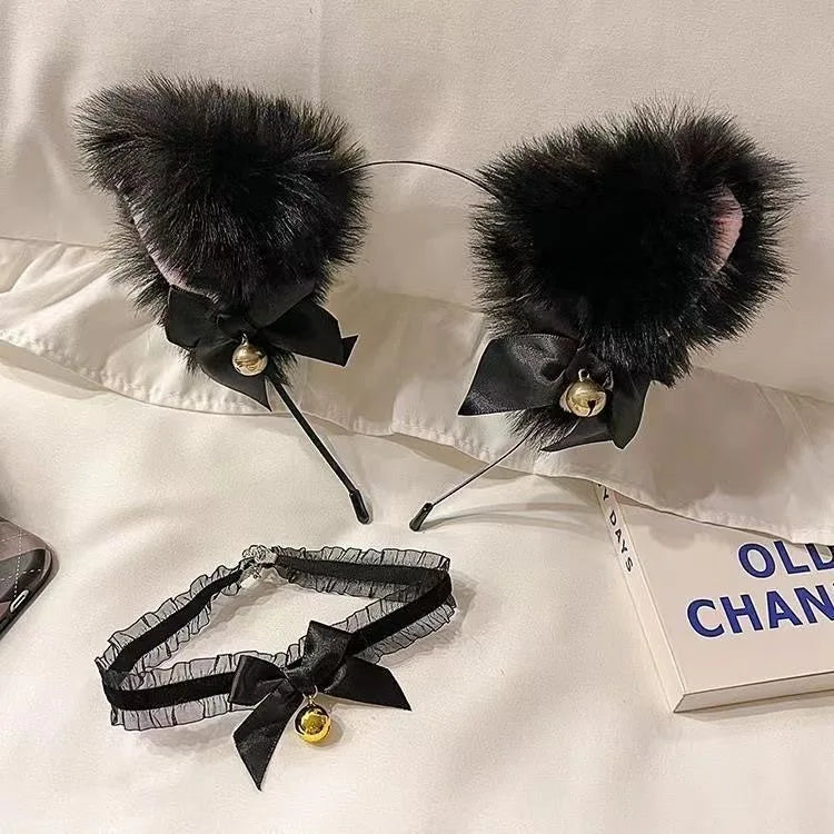 Sexy Cat Ears Headband for Women Girls Lace Bow Necklace Plush Bell Hairband Cosplay Masquerade-Party Costume Hair Accessories