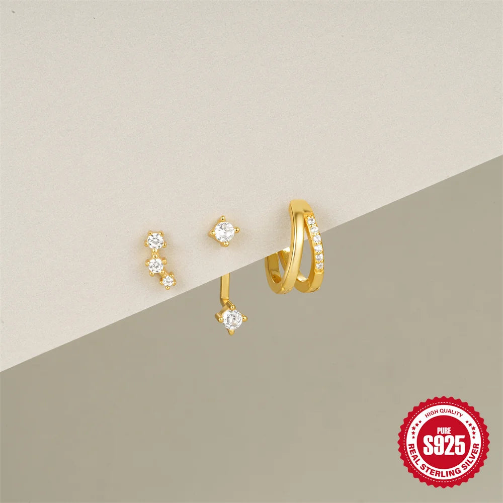 CANNER 3PCS Set Double-deck Zircon Minimalism 925 Sterling Silver Earrings For Women Ins Flower Stud Earrings Fine Jewelry Gift