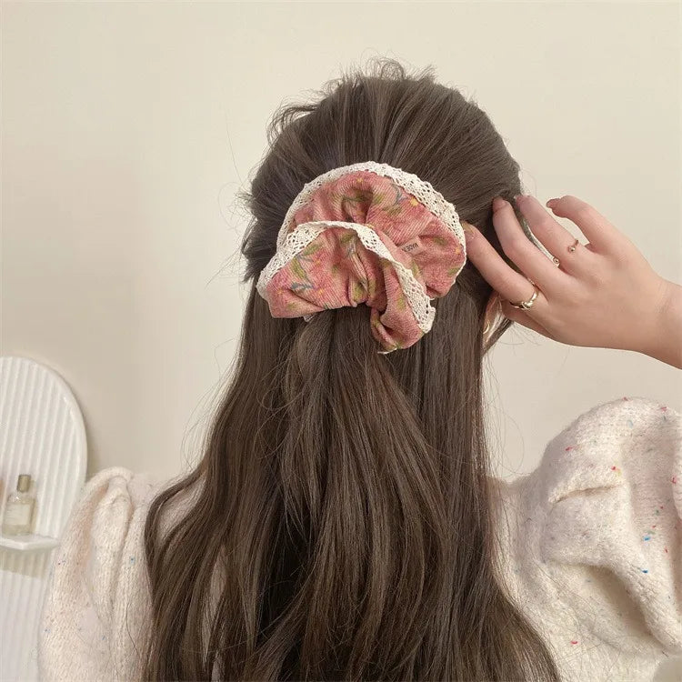 Vintage Corduroy Hair Scrunchie with Lace Edging