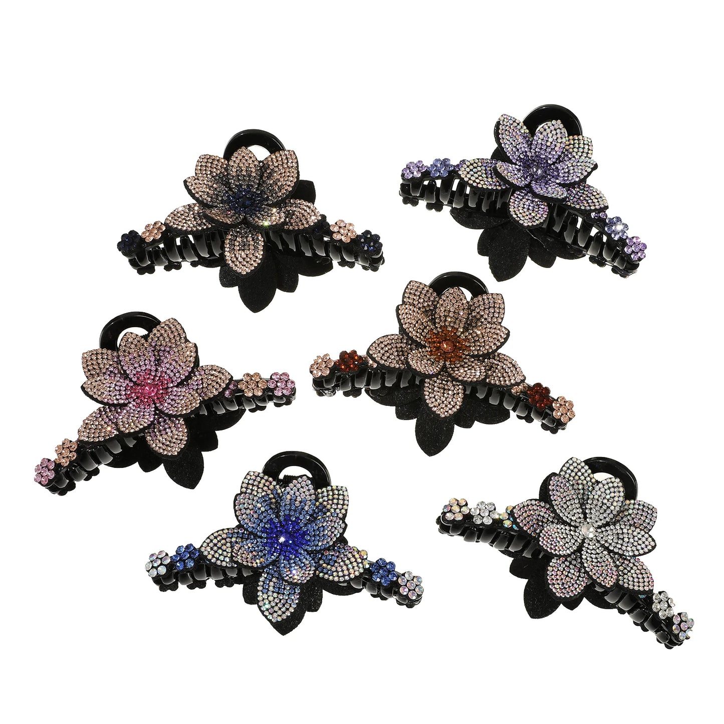 Set of multi-color crystal flower hair clips