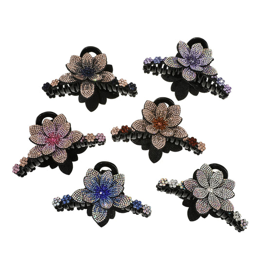 Set of multi-color crystal flower hair clips