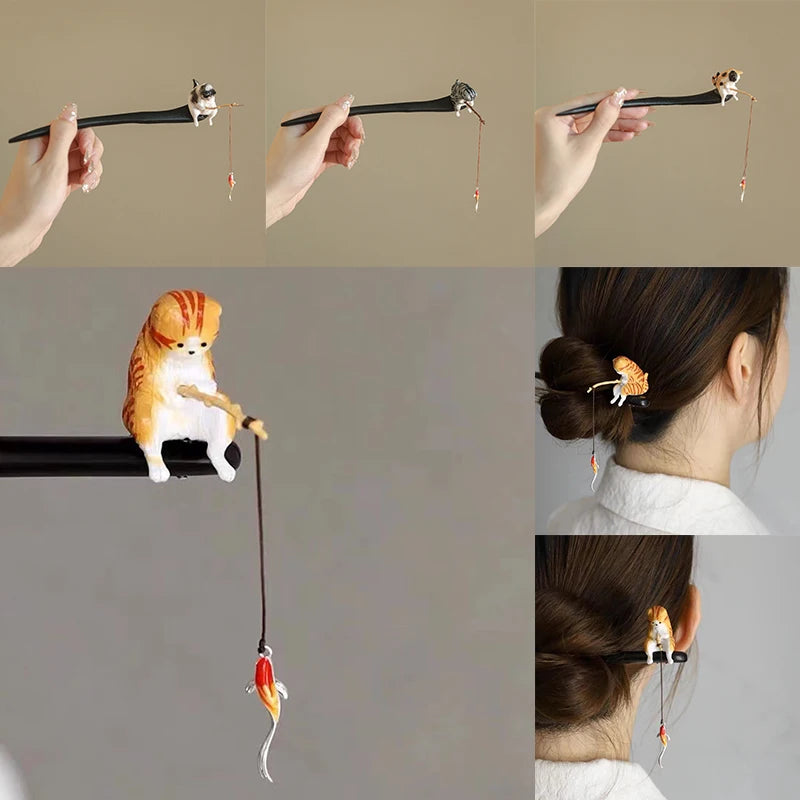Retro Wooden Hair Stick Hairpin for Women Cute Cat Tassel Hair Clip Chopstick Bun Maker Hanfu Headdress Jewelry Hair Accessories