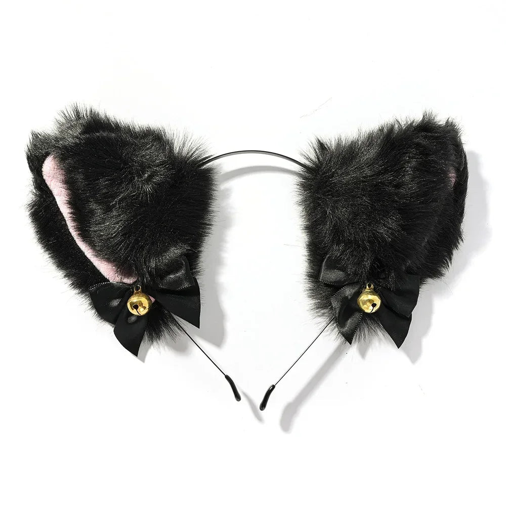 Sexy Cat Ears Headband for Women Girls Lace Bow Necklace Plush Bell Hairband Cosplay Masquerade-Party Costume Hair Accessories