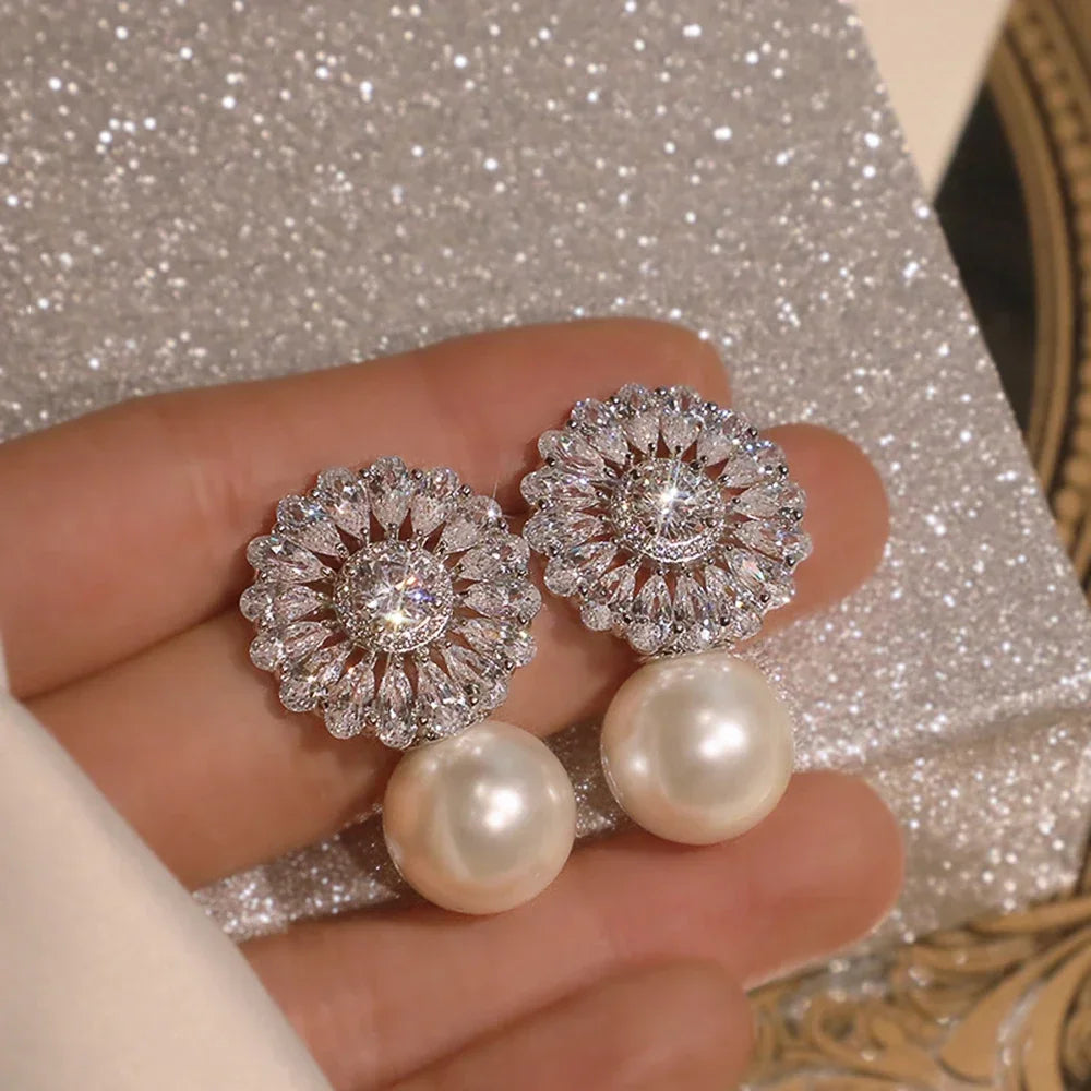 Elegant Zircon Crystal & Simulated Pearl Earrings – Luxury Statement Studs for Women