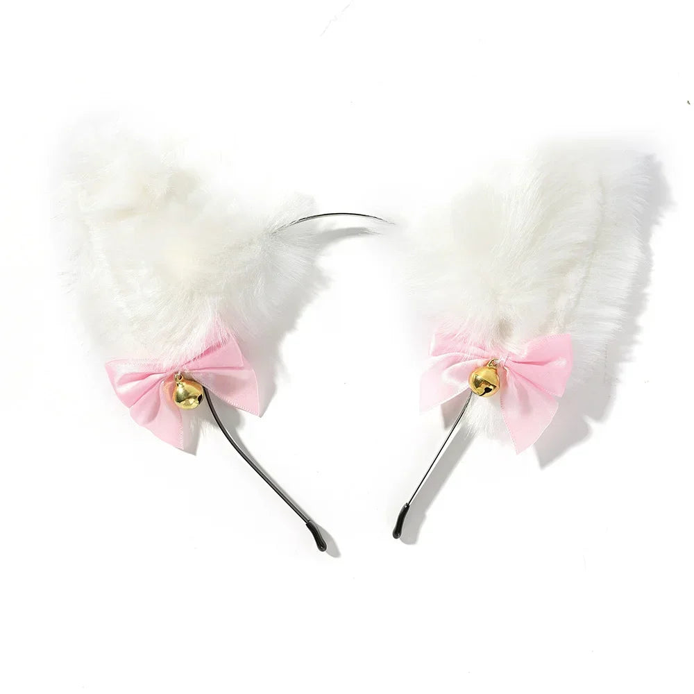 Sexy Cat Ears Headband for Women Girls Lace Bow Necklace Plush Bell Hairband Cosplay Masquerade-Party Costume Hair Accessories