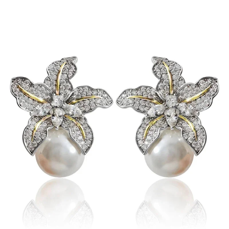 Elegant zircon crystal and simulated pearl stud earrings for women featuring floral and geometric designs, lightweight fashion jewelry.