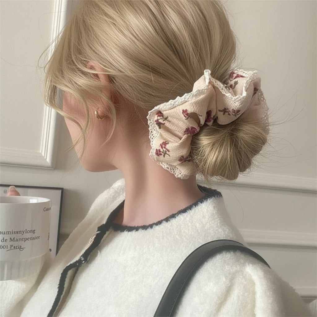 Vintage Corduroy Hair Scrunchie with Lace Edging