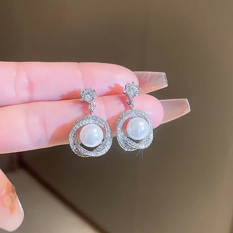 Elegant Zircon Crystal & Simulated Pearl Earrings – Luxury Statement Studs for Women