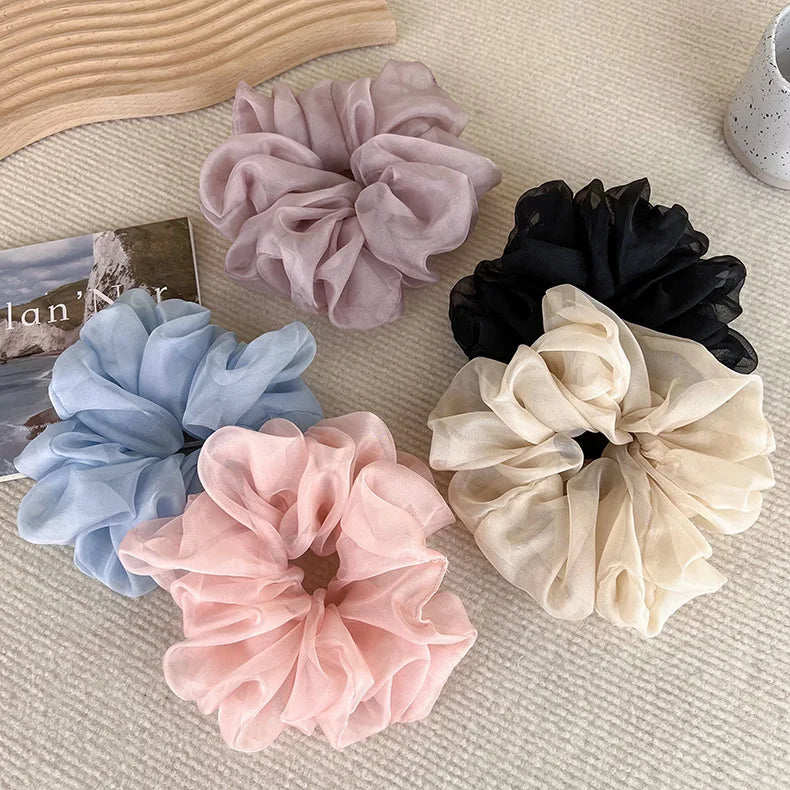 Elegant Chiffon Scrunchie for Women - Soft Organza Hair Tie Korean Style Aesthetic Hair Accessories Large Ruffled Hair Loop