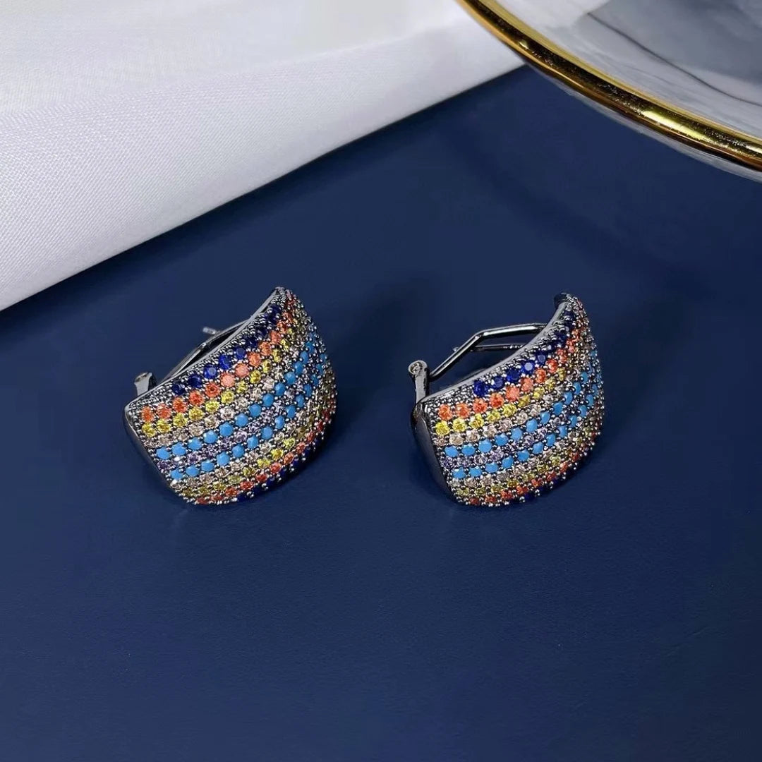 Luxury C-Shaped Zircon Stud Earrings – Multicolor & Emerald Green Statement Design