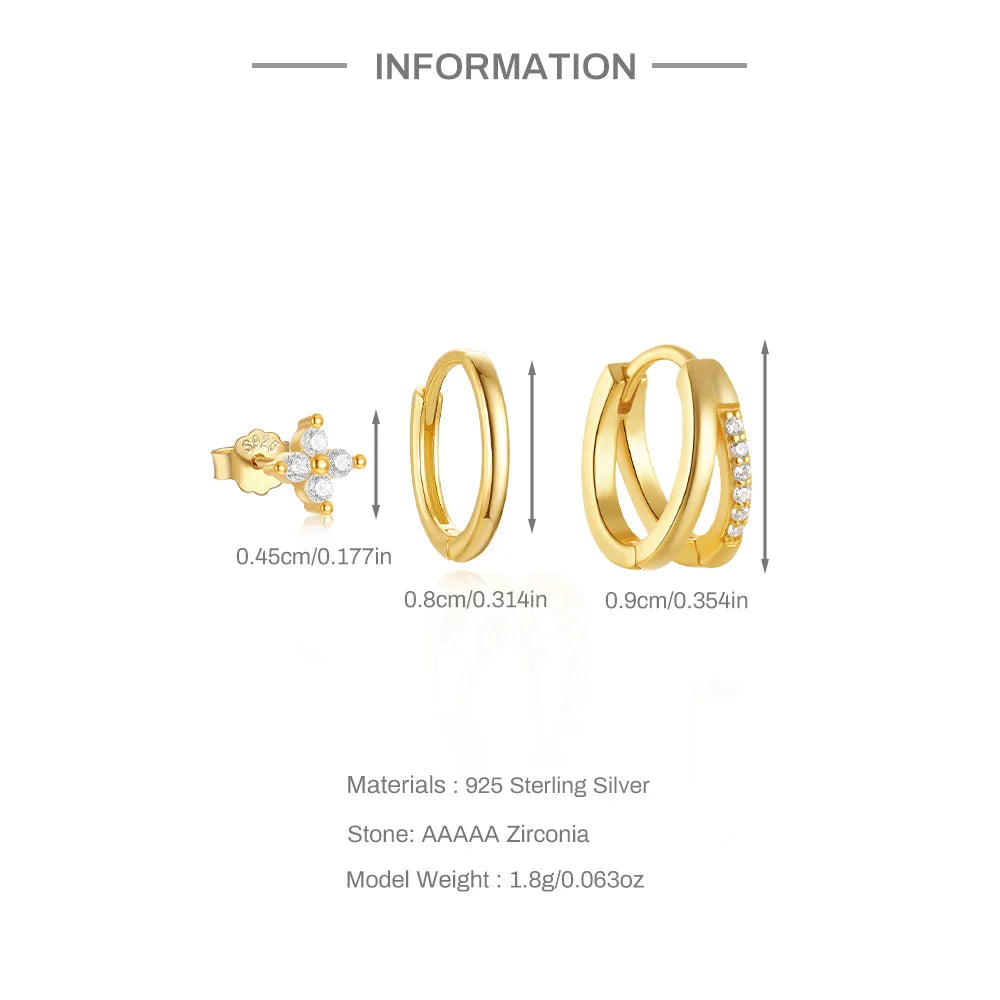 CANNER 3PCS Set Double-deck Zircon Minimalism 925 Sterling Silver Earrings For Women Ins Flower Stud Earrings Fine Jewelry Gift